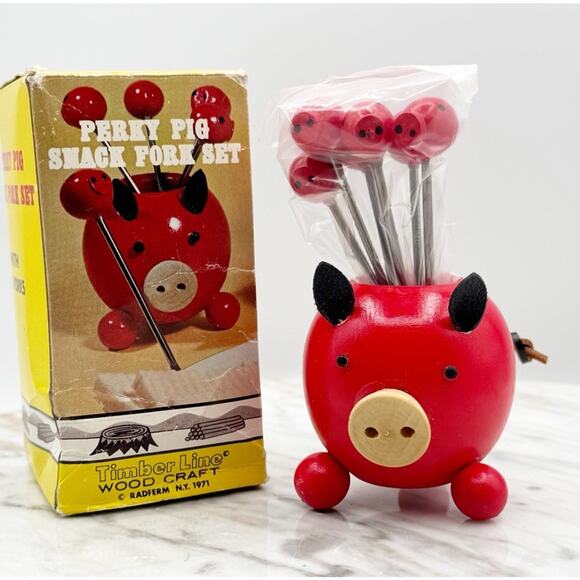 Vtg Perky Pig Snack Fork Set Red Hors D'oeuvre Appetizer 6 Forks Wood Japan New - Picture 1 of 10